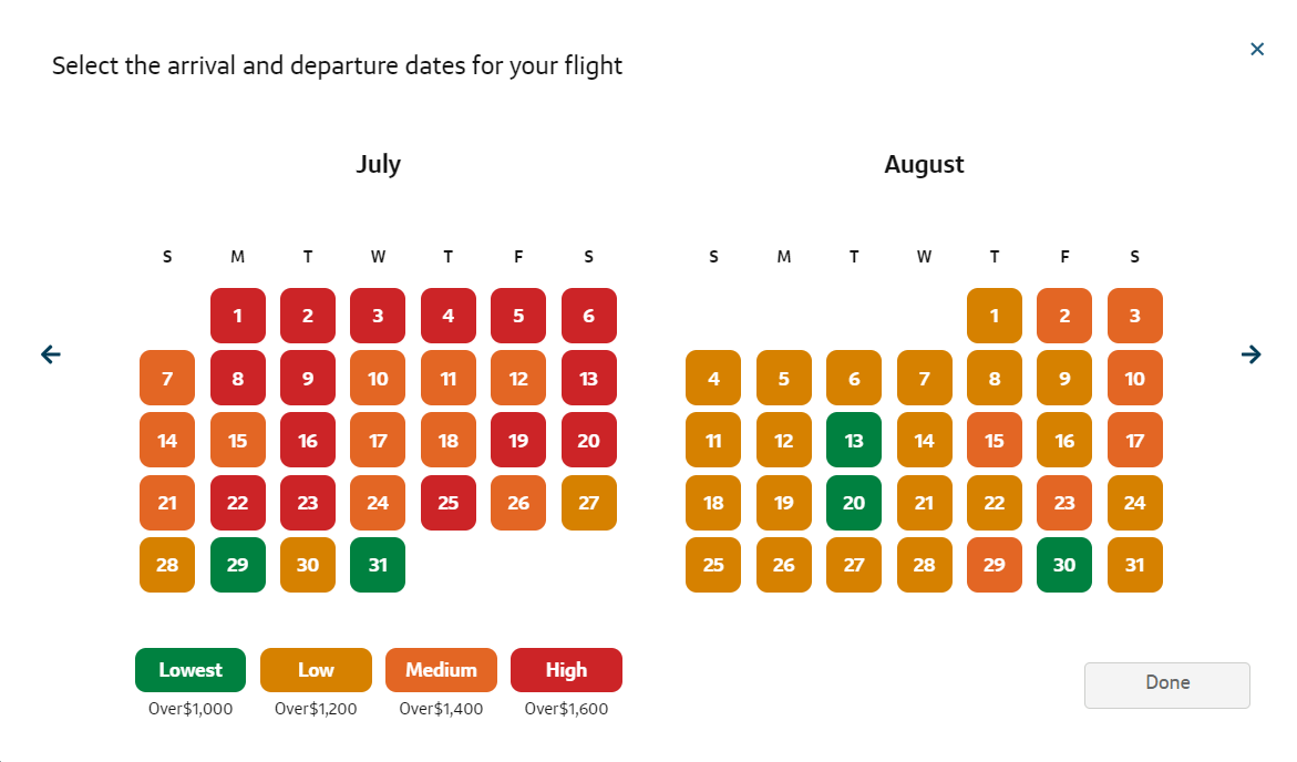 Capital One Travel Calendar page