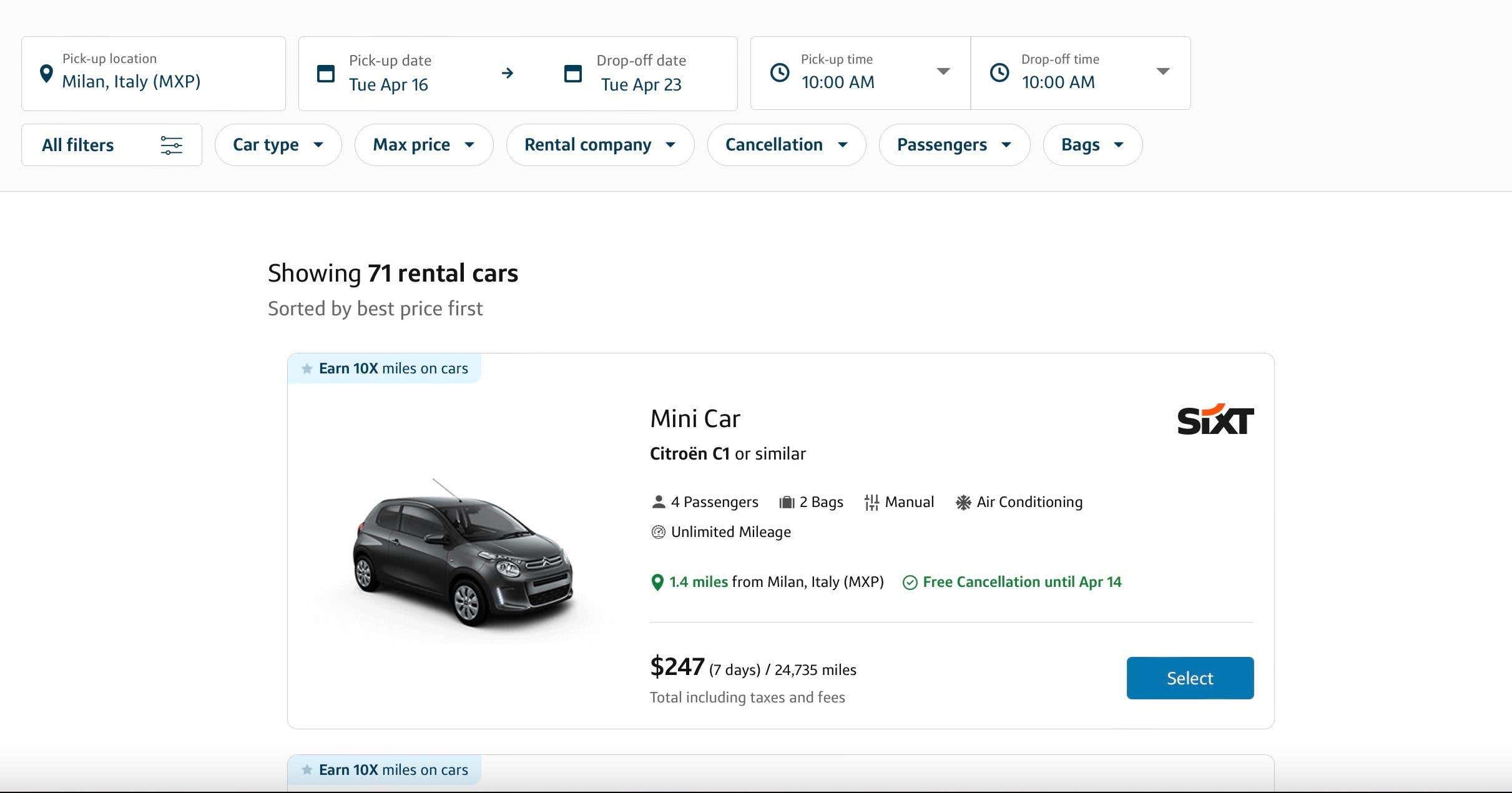 Capital one travel cars search page