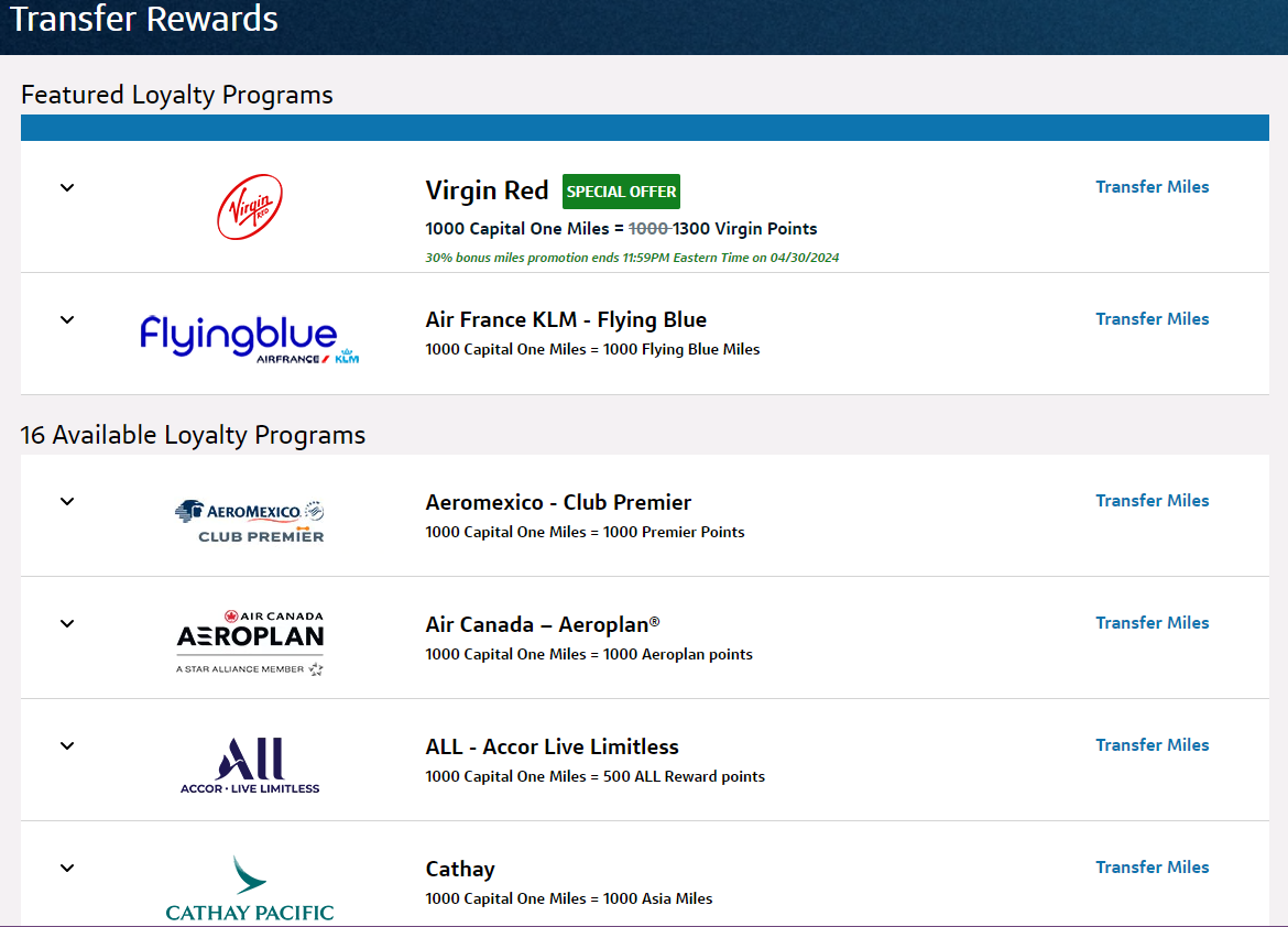 Capital one transfer partner list page